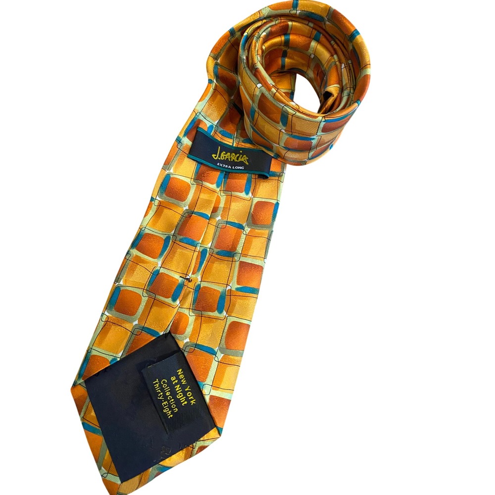 J. Garcia New York at Night Collection 38 Extra Long Silk Tie Orange Geometric